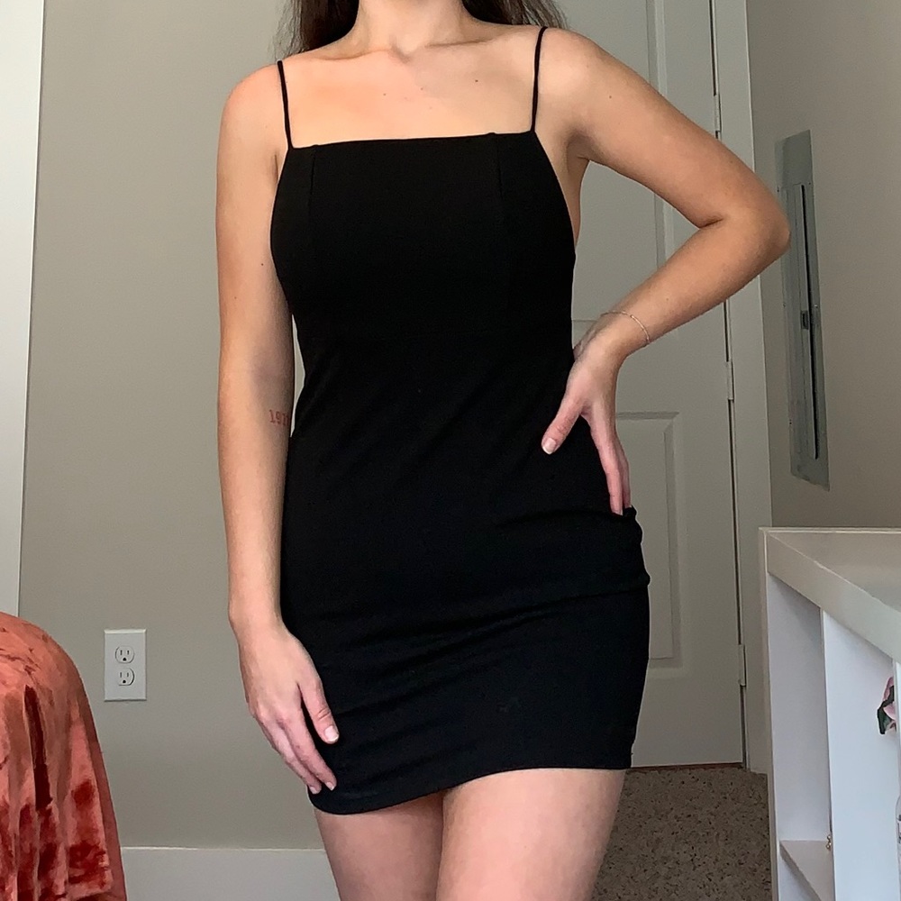 Black Straight Neckline Mini Dress